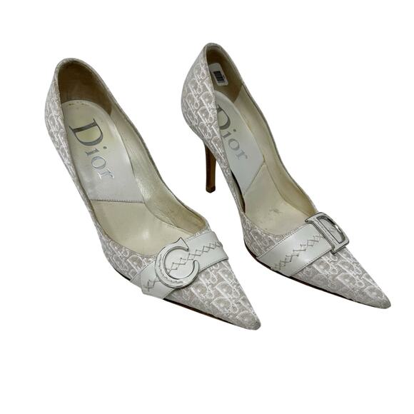 Christian Dior Vintage Monogram Logo Pumps Cream Canvas CD Buckle Heels EU 36 - Picture 1 of 9